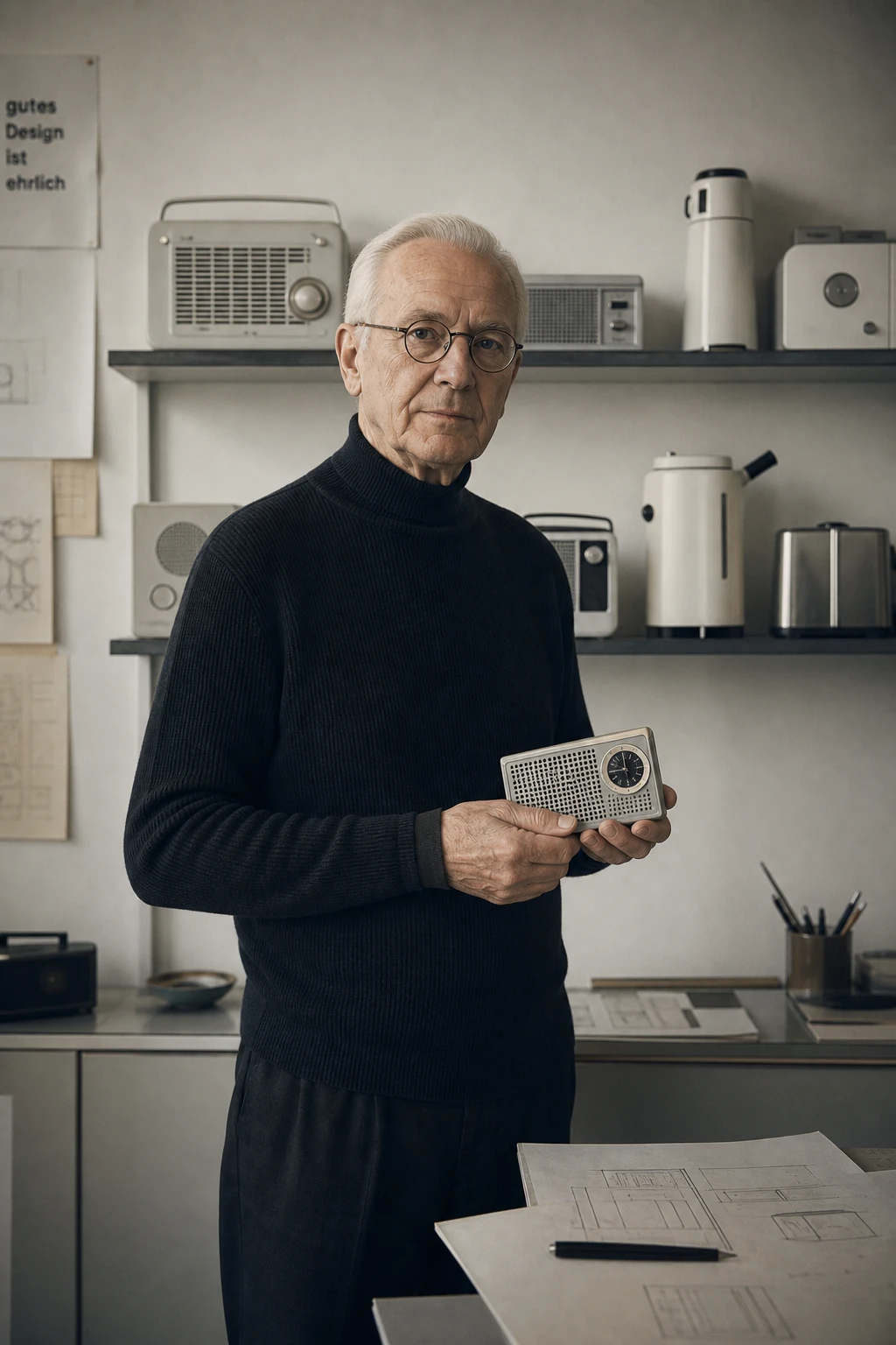 AI reconstruction of Dieter Rams in a studio with radios and modular furniture.