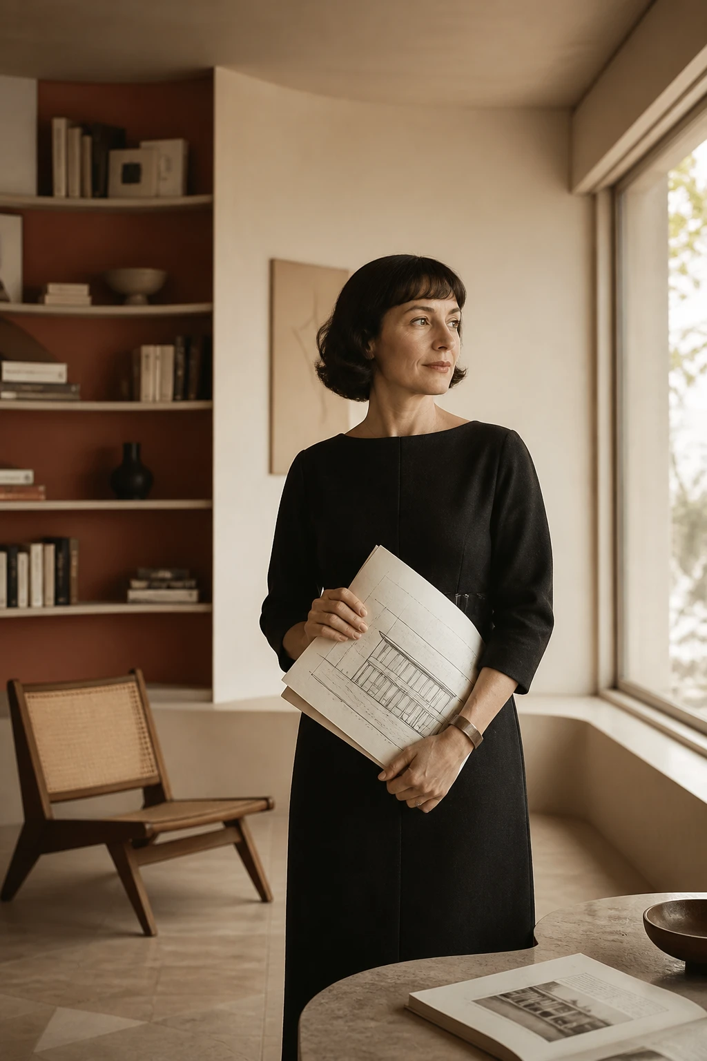 AI reconstruction of Charlotte Perriand in a designed interior holding a drawing.