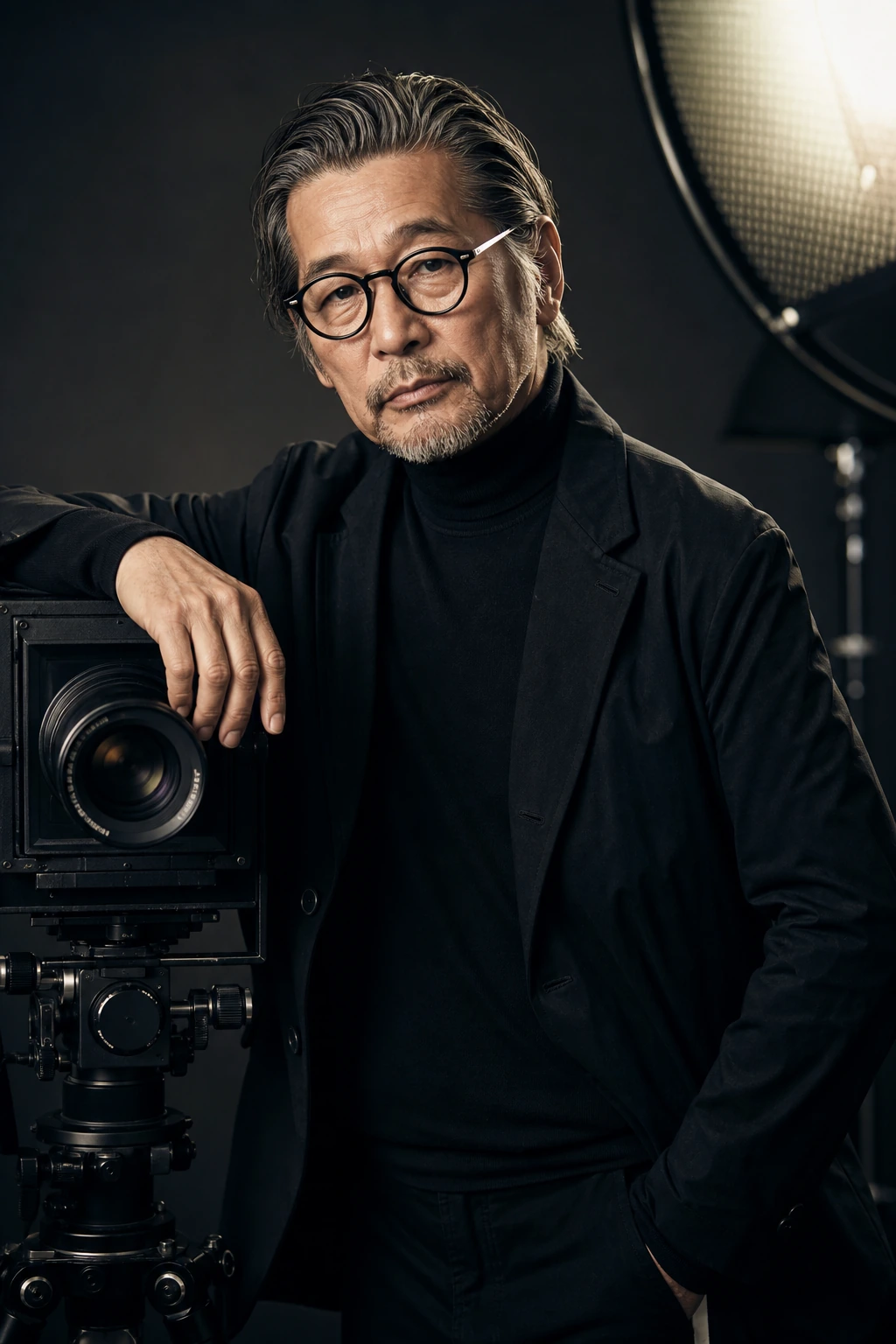 AI reconstruction of photographer Hiro beside a studio camera and controlled light.