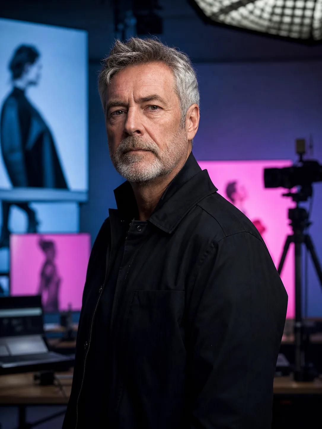 AI reconstruction of a portrait of Nick Knight in a digital studio.