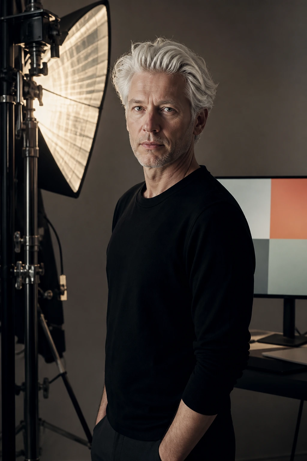 AI reconstruction of Sølve Sundsbø beside studio light and a digital monitor.