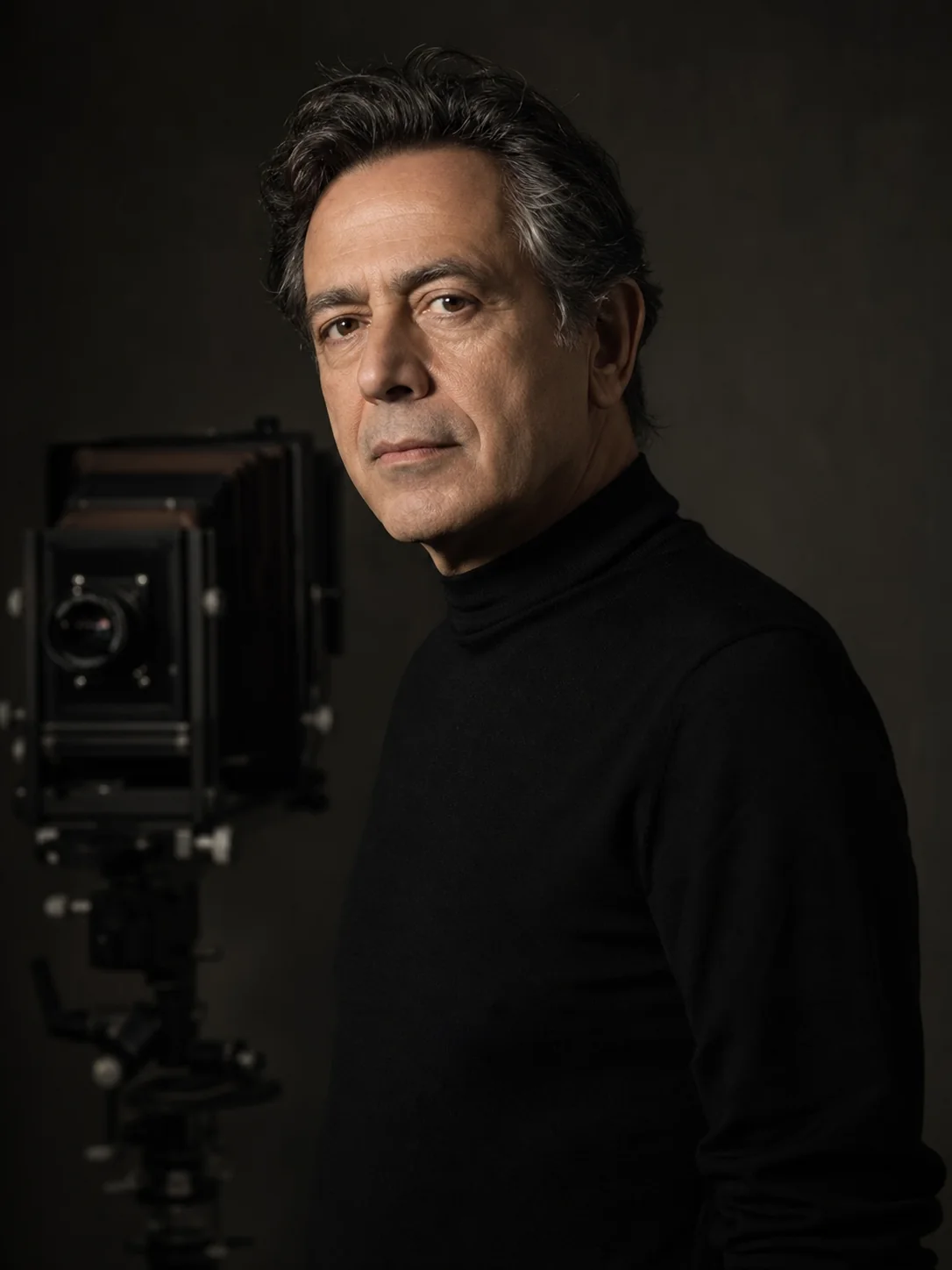 AI reconstruction of a portrait of Steven Meisel in the studio.