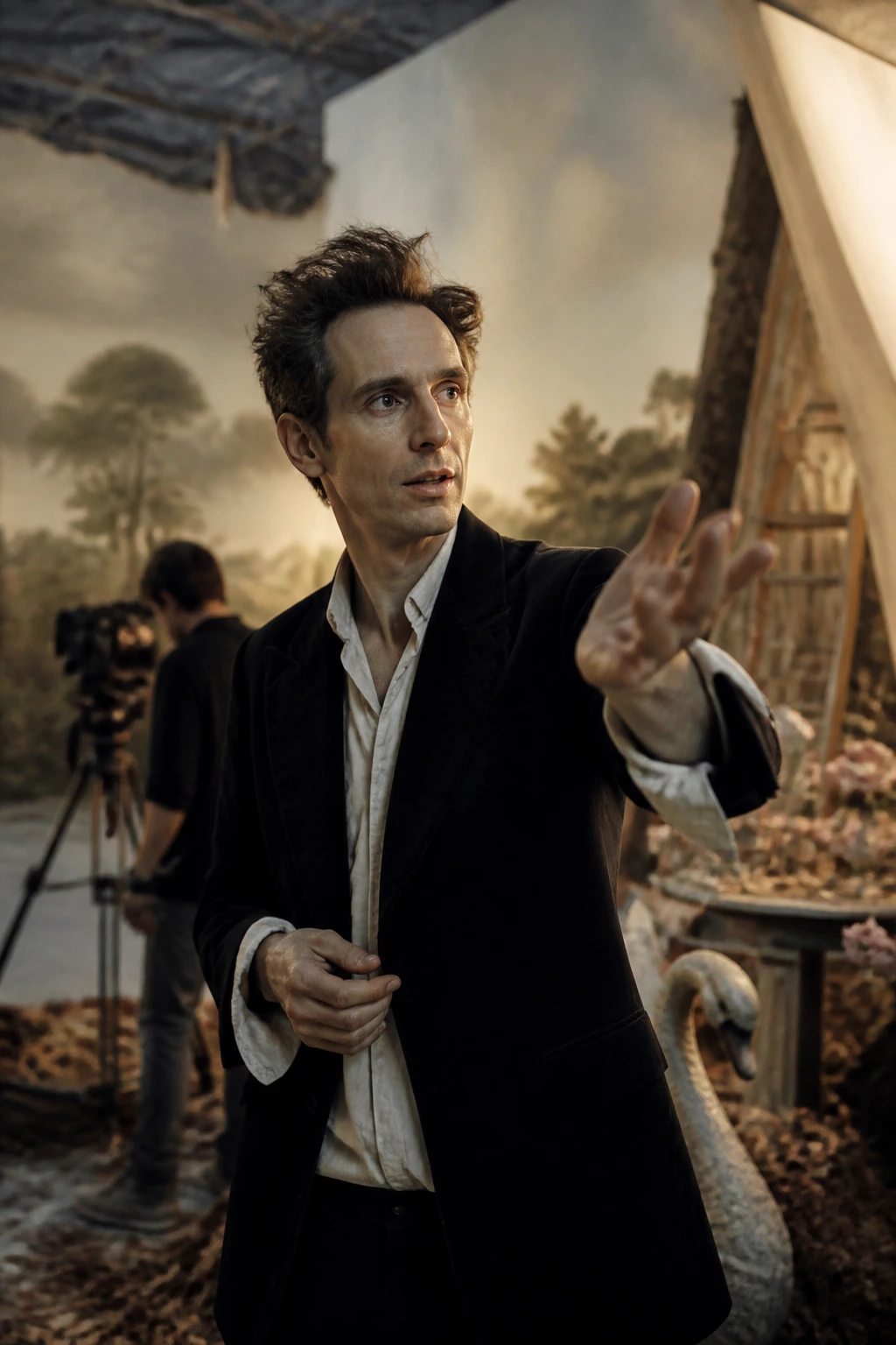 AI reconstruction of Tim Walker on a set with theatrical scenery.