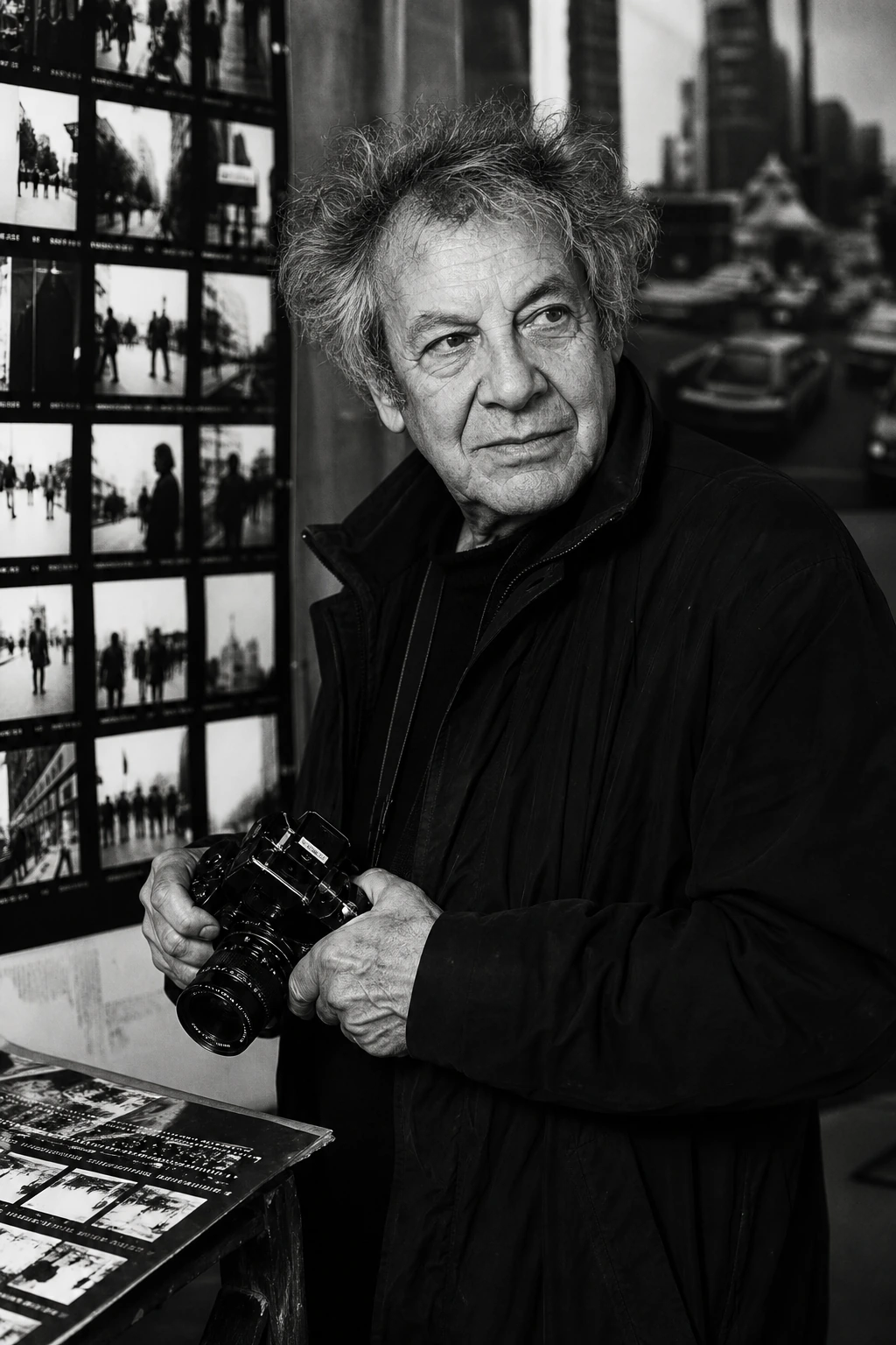 AI reconstruction of William Klein with a camera and contact sheets from a city shoot.