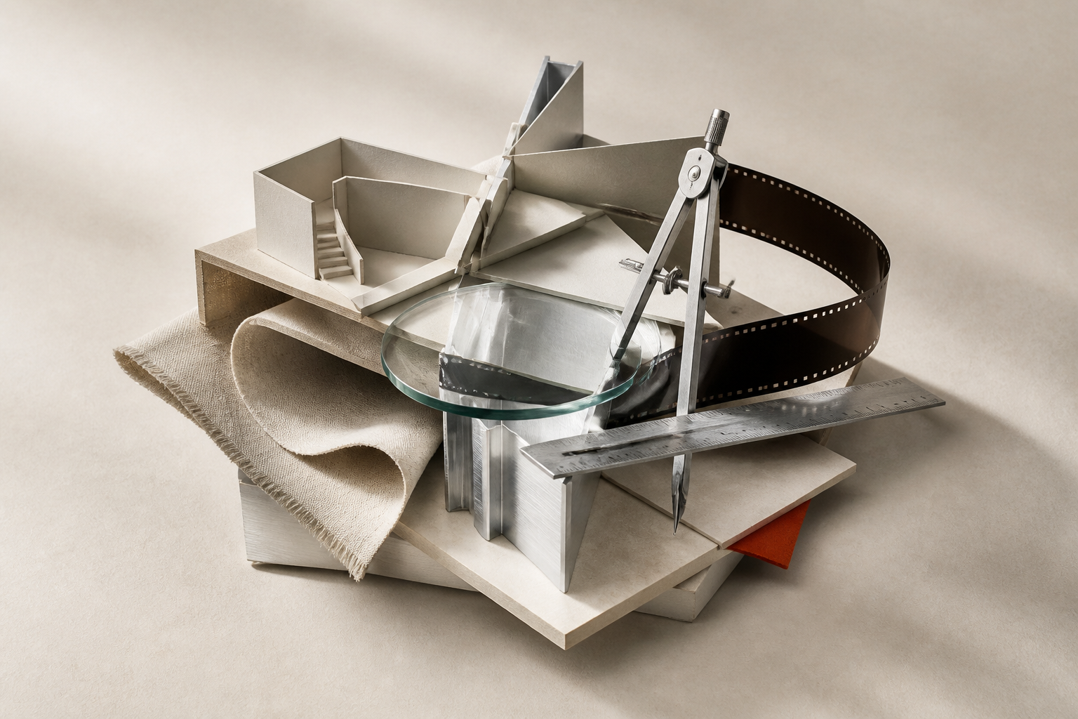 A sculptural composition brings together textile, an architectural model, glass, metal, photographic film and design tools.